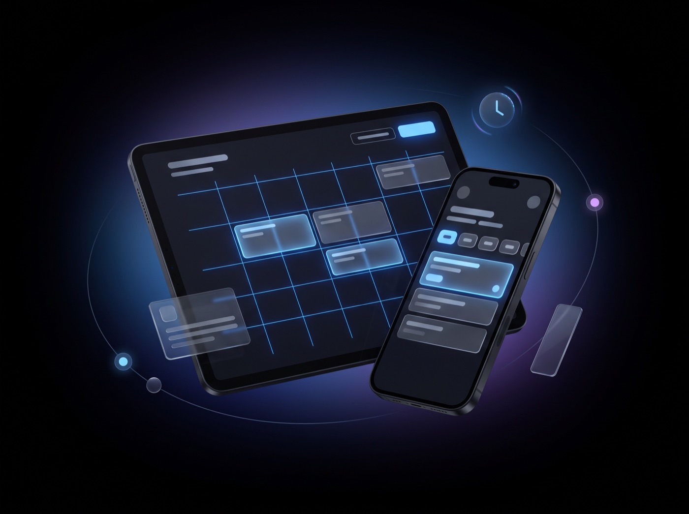 Tablet and phone showing an online booking calendar with glowing blue appointment slots