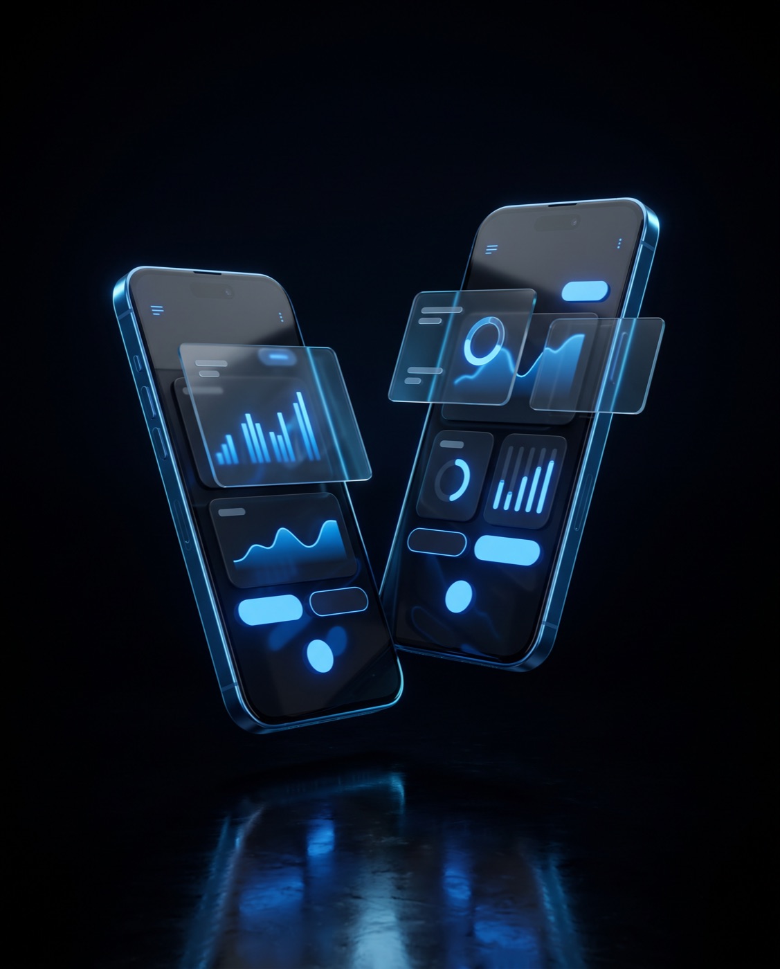 Two smartphones displaying a dark-themed mobile app with glowing blue interface panels