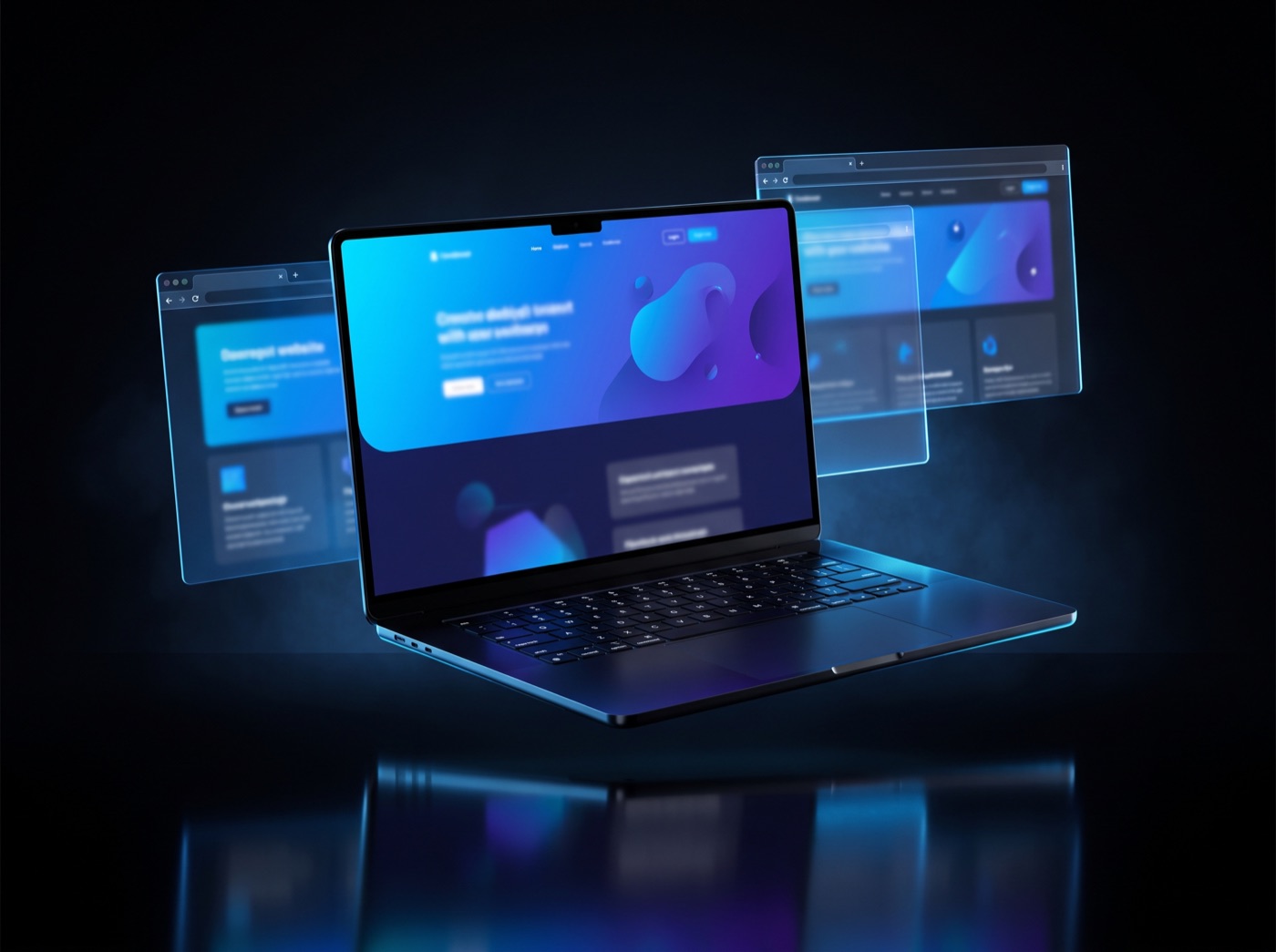 Laptop showing a modern dark website design with glowing blue gradient sections